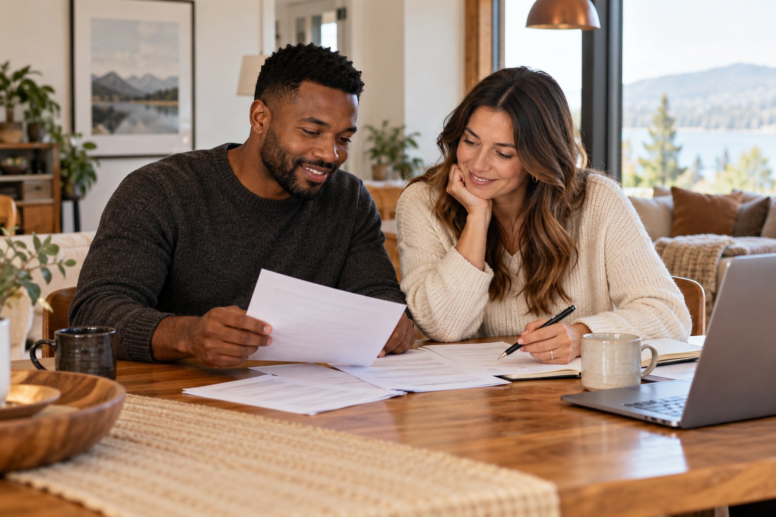 A couple reviewing home financing paperwork together.