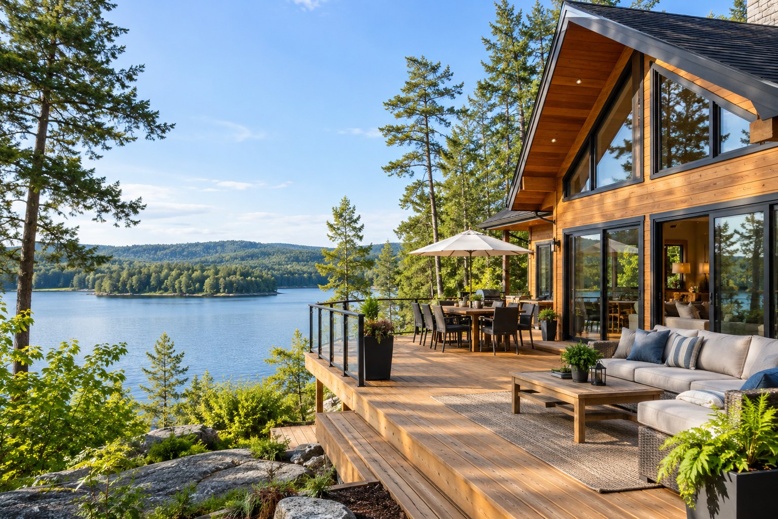 A lakeside cottage with a deck overlooking the water.