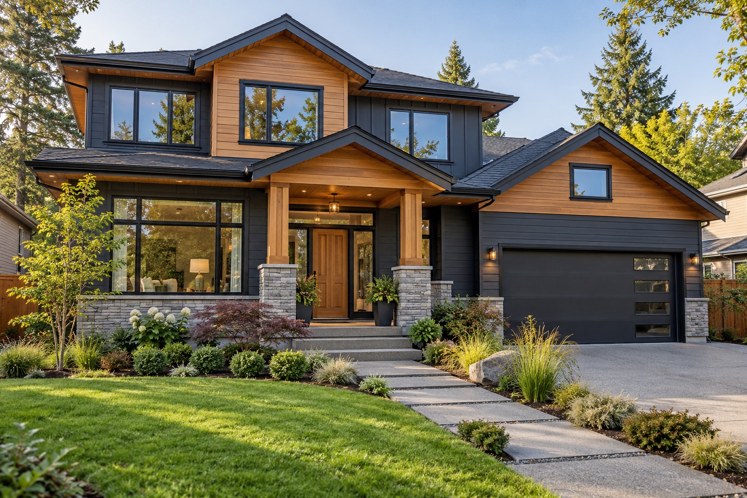 A welcoming modern home with natural wood accents.